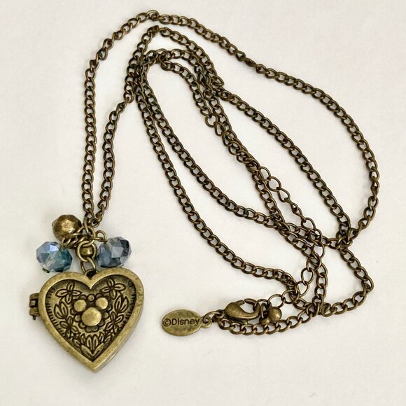 Vintage Disney Hidden Mickey Mouse Heart Locket Necklace Disneyana 30" Gold Tone - Picture 6 of 11